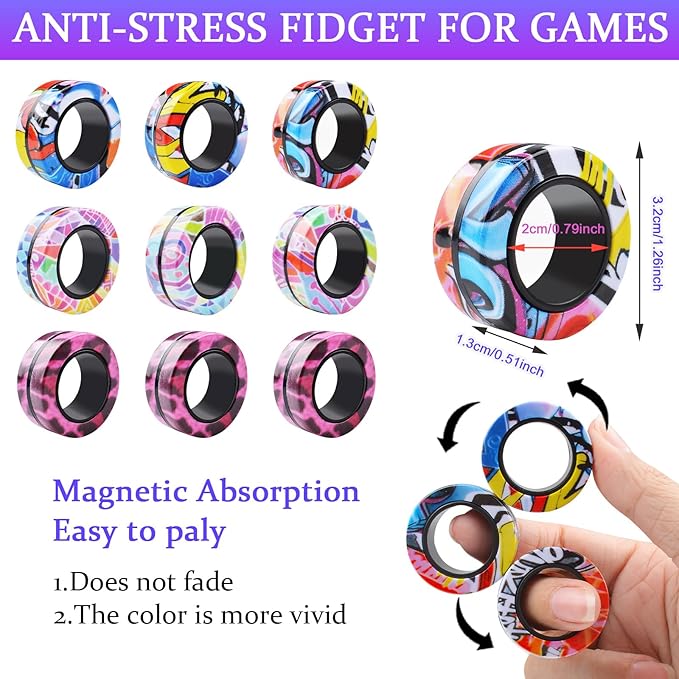 Cevioce Easter Basket Stuffers for Teens Boys Girls 9Pcs Magnetic Rings Fidget Toy Set, ADHD Anxiety Magnetic Fidget Toys Adults Fidget Spinner Rings for Relief, Easter Gifts for Kids 8+ Year Old C