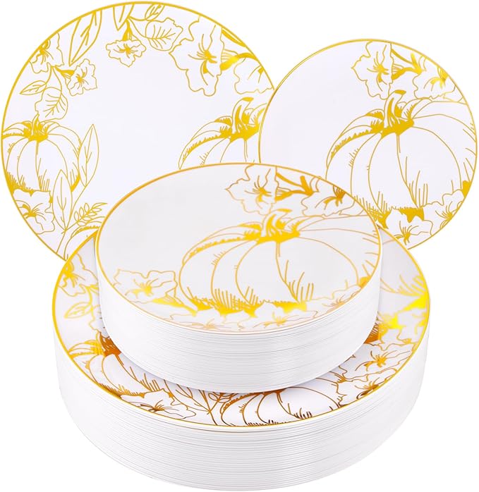 FLOWERCAT 60PCS Thanksgiving Plates & Gold Pumpkin Plates - Including 30PCS 10.25inch Thanksgiving Dinner Plates and 30PCS 7.5inch Dessert Plates for Giving Thanks Theme Party