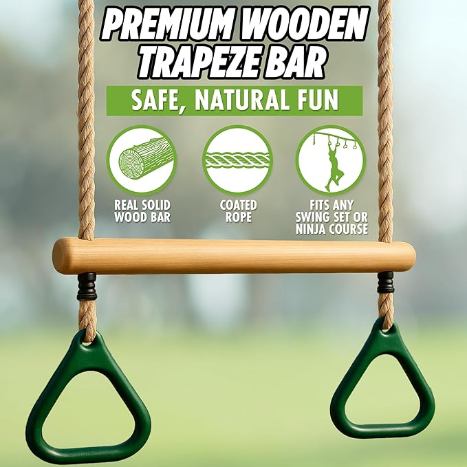 Wooden Trapeze Swing Bar for Kids - 18" Adjustable Height Monkey Bars Rings Swingset Accessories - Ninja Warrior Obstacle Course for Kids - Jungle Gym Accessories Playground Attachments