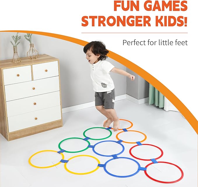Hopscotch Rings, 2-Set – 20 Round Hoops (11-inch) + 30 Connectors, Agility Rings for Kids, Builds Gross Motor Skills, Preschool & Kindergarten PE, Indoor/Outdoor Playground Obstacle Course