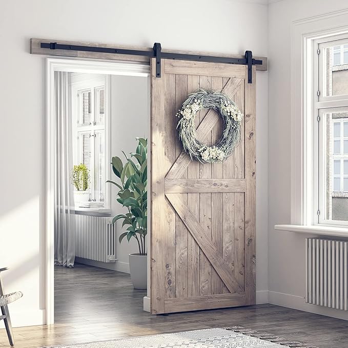 SMARTSTANDARD 7FT Sliding Barn Door Hardware Kit, Heavy Duty Track-Smoothly and Quietly-Includes Detailed Installation Instruction Fit 42" Wide Doorpanel (J Shape Hanger) Black