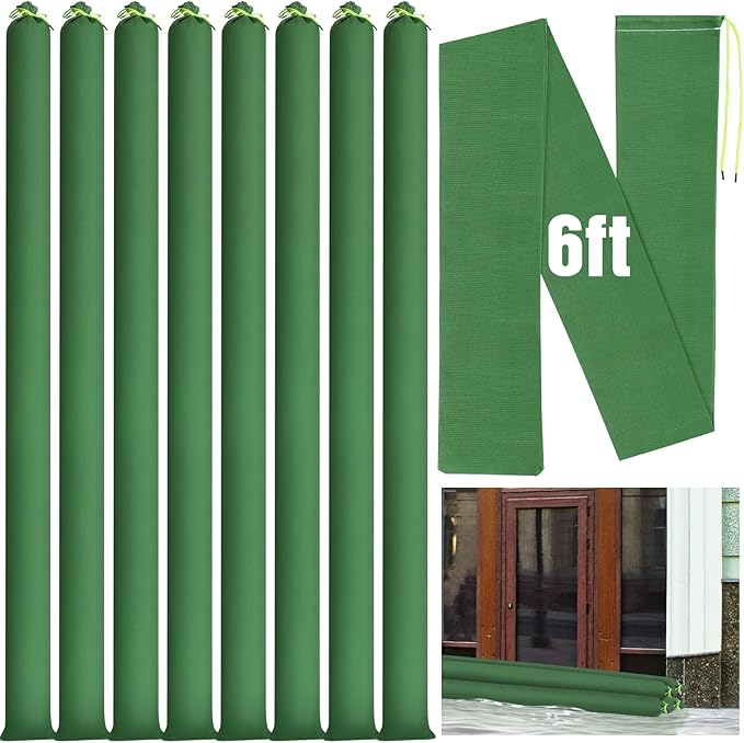 Threan 8 Pcs Long Canvas Sandbags for Flooding Sand Tube Bags Flood Protection Thickened Reusable Rain Wind Flood Barrier with Elastic Band Water Barrier Tube for Door Rain Control, Green (6ft)