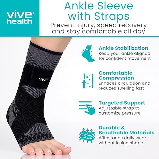 Vive Ankle Compression Sleeves with Straps - Brace for Women and Men - Support Wrap for Achilles Tendonitis, Sprains, Plantar Fasciitis, Pain Relief - 2 Pack (Medium)
