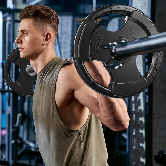 RitFit Weight Plates for Barbell, 2-Inch Olympic Rubber Grip Plates for Weightlifting and Strength Training in Home & Gym, Single, Pair and Sets
