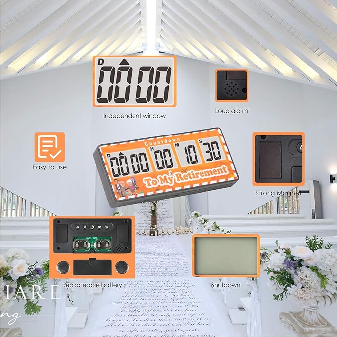 Jayron 9999-Day Digital Countdown and Stopwatch Timer with Loud Alarm, Magnetic Backing, Replaceable Batteries for Weddings, Retirements, Events, Yellow