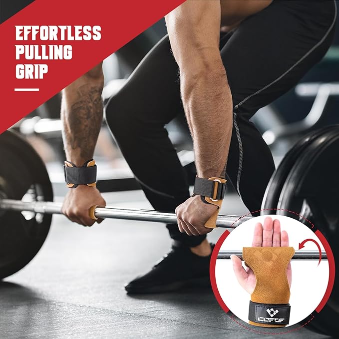 COFOF Weight Lifting Wrist Strap, Double Layer Leather Wrist Strap for Deadlift and Powerlifting, Adjustable Neoprene Padded Gym Workout Lifting Hooks (Pair)