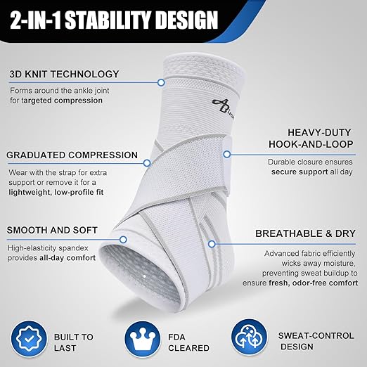 ABIRAM Ankle Brace for Men & Women - Adjustable Compression Sleeve with Wrap, Ion-Matrix Support for Sprained Ankle, Plantar Fasciitis, Achilles Tendonitis Relief - Breathable Gear for Running, Sports