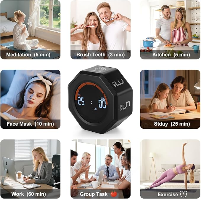 Small Productivity Timer - Pomodoro Timer with 3/5/10/25/60 Min Presets & Custom Countdown | Magnetic Rechargeable Digital Clock for Desk, Study and Games (Black)