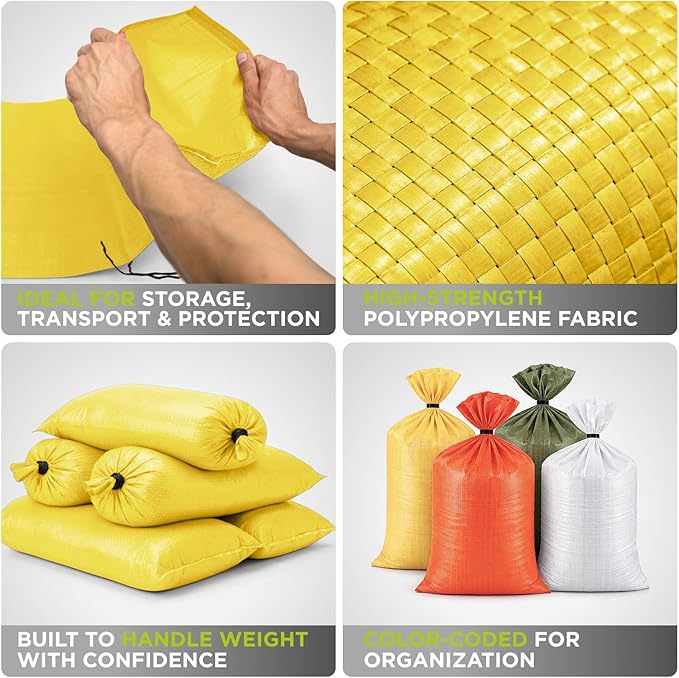 Heavy Duty Sand Bags Pack of 5, Bright Yellow Empty Sandbags with Built-In Ties, Woven Polypropylene UV Protection 1600 Hours, Fillable Bags for Flood Control, Weight, 12x20 inches, 25 Pounds Volume