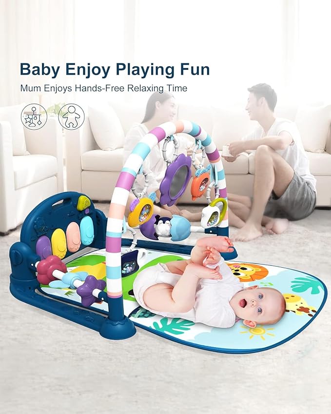dearlomum Baby Play Mat Gym, Funny Play Piano Tummy Time Activity Mat with 5 Infant Sensory Toys, Music and Lights, Boy & Girl Gifts for Newborns 0 to 3 6 9 12 Months（New Blue）