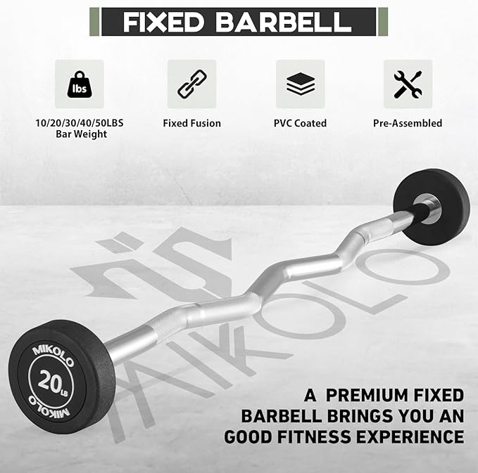 Mikolo Fixed Barbell, Pre-Loaded Weight EZ Curl Bar, PVC Barbell Weight Set for Strength Training and Weightlifting
