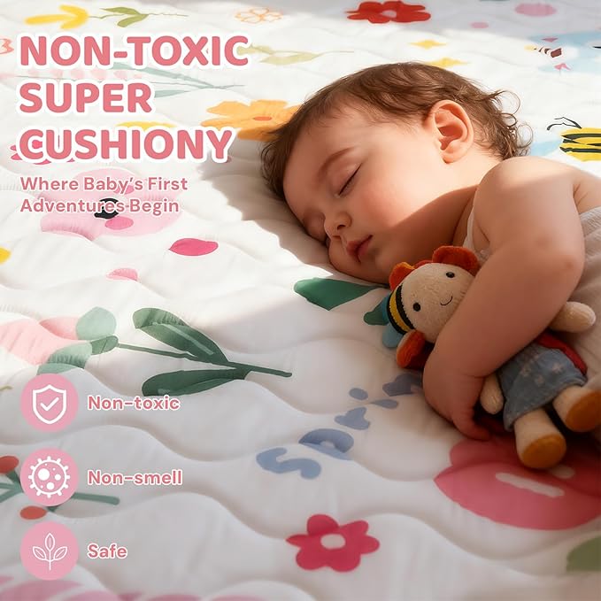 RONGFA Baby Play Mat for Floor, 71'' x 59'' Thicken Foam Soft Padded Mat for Baby, Playpen Mat for Toddlers Infant Kids, Machine Washable, Non-Slip Bottom Safe for Crawling (Flower)