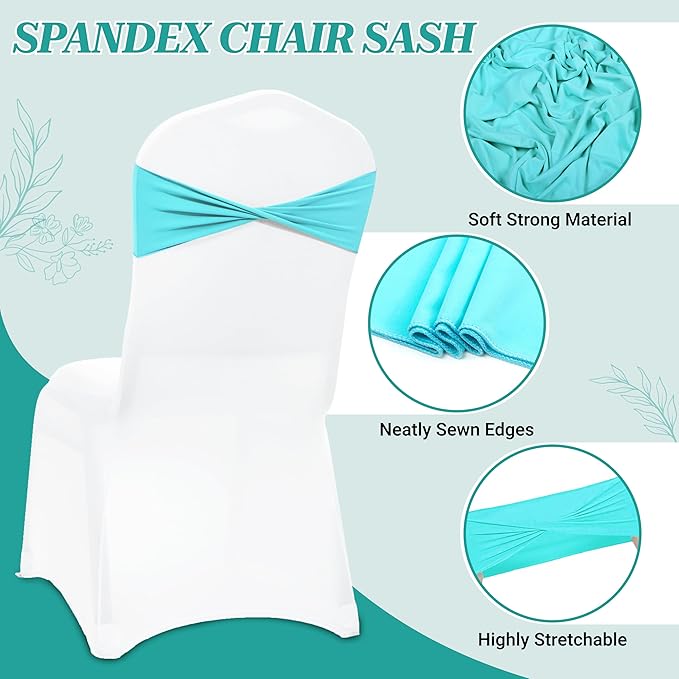 MDS Pack of 125 Spandex Chair Sashes Bows Elastic Stretch Dining Chair Bands Ties Without Slider Buckle Universal fits for Wedding Baby Shower Birthday Party Banquet Event Decoration - Aqua Blue