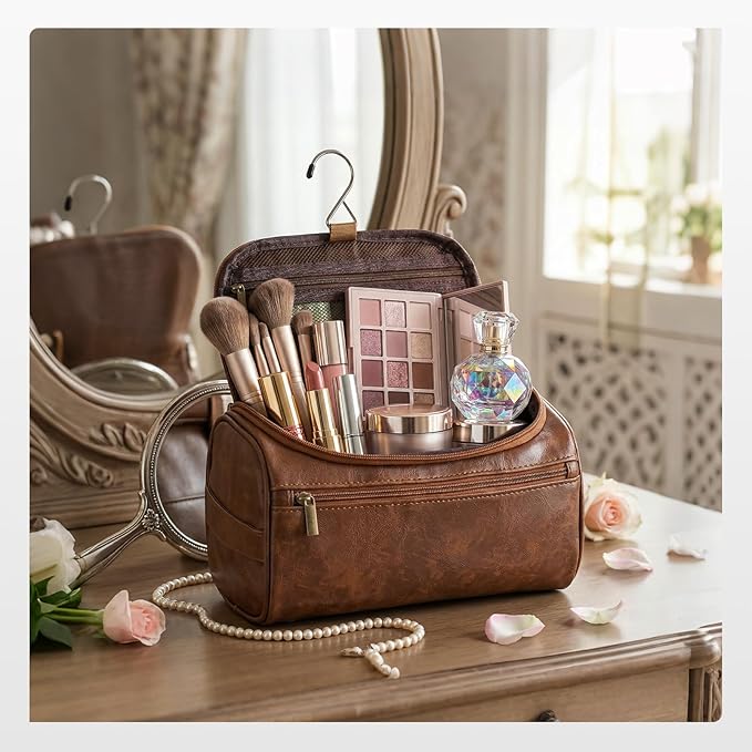 Travel Toiletry Bag for Men, Hanging Hygiene Bag EDC Pouches Small Dopp Kit Water-resistant Mens Shaving Kit Bags PU Leather Toiletry Organizer for Travel Weekend Fitness Hospital Brown