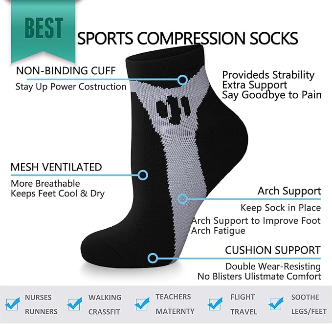 Copper Compression Socks Women and Men 6 Pairs - Circulation Arch Support Plantar Fasciitis Running Ankle Socks