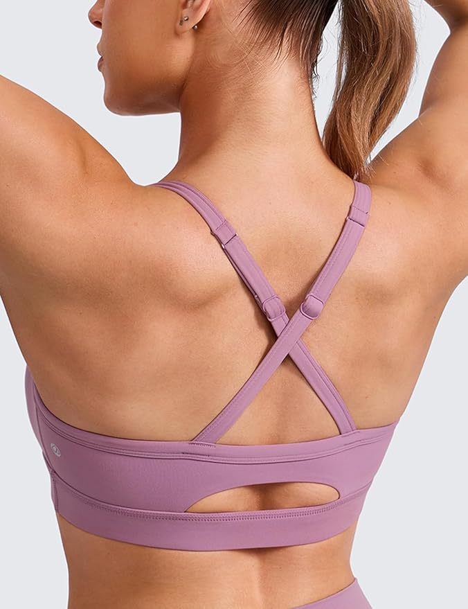 CRZ YOGA Butterlift Cut-Out Cross Back Sports Bras for Women - Medium Impact Adjustable Thin Straps Pilates Padded Gym Tops