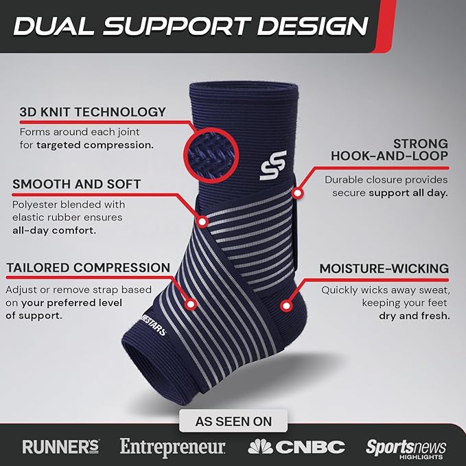 Sleeve Stars Ankle Brace for Women & Men, Ankle Wrap for Sprained Ankle, Compression Sleeve for Plantar Fasciitis Relief, Easy Customizable Support: w/Removable Strap (Pair/M:10"-12"/Navy Blue)