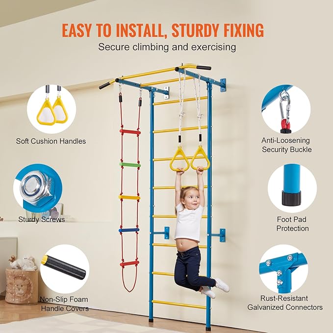 VEVOR Indoor Jungle Gym for Toddlers, 5-in-1 Climbing Playset with Carbon Steel Swedish Ladder, Wall Ladder, Pull-Up Bar, Rope Ladder, and Gymnastic Rings, Supports 220 lbs, Multicolor