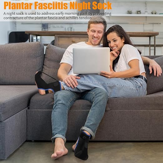 Plantar Fasciitis Night Splint Sock with Hand-Held Massage Tool Upgraded Soft Plantar Fasciitis Brace for Women Men for Achilles Tendonitis Foot Drop Heel Spur Pain Relief Black-Blue (Large)