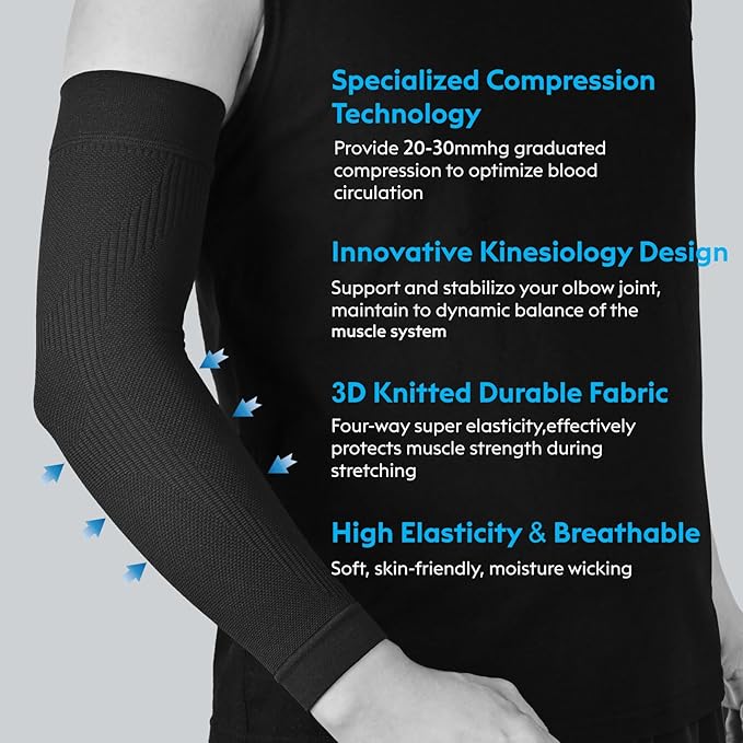 KEKING® Compression Arm Sleeves, Firm 20-30mmHg Graduated Compression Full Arm Support for Recovery, Pain Relief, Tendonitis, Golfers & Tennis Elbow Brace, Workouts Sports - Latex Free Black XXL