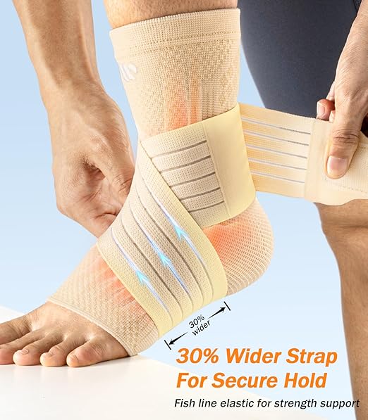 Low-Profile Ankle Braces for Women & Men, Customizable Ankle Compression Sleeve w/Wide Strap, Foot Support Wrap for Plantar Fasciitis Pain Relief, Achilles Tendonitis, Sprain, Beige, 1 Pair, L