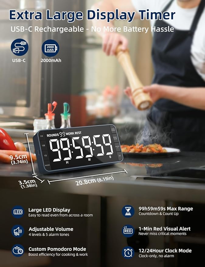 7.8" Digital Kitchen Timer with Large LED Display, Magnetic Rechargeable Countdown Timer, 5 Alarms & 4 Volume Levels, 99H Count Up/Down Timer for Cooking, Classroom & Study