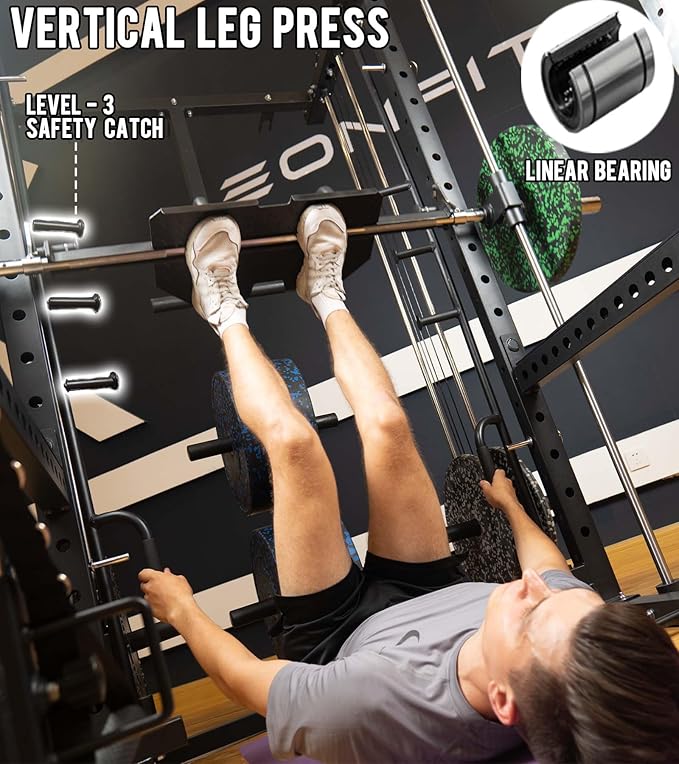 Eonfit E5 Smith Machine with Vertical Leg Press, Power Cage Squat Rack with LAT-Pull Down Cable Crossover Rotating Arms System Home Gym Equipment All in One
