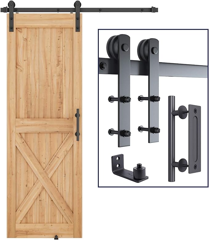 SMARTSTANDARD 5 FT Heavy Duty Sturdy Sliding Barn Door Hardware Kit, Black, (Whole Set Includes 1x Pull Handle Set & 1x Floor Guide) Fit 28''-30" Wide Door Panel (I Shape Hanger)