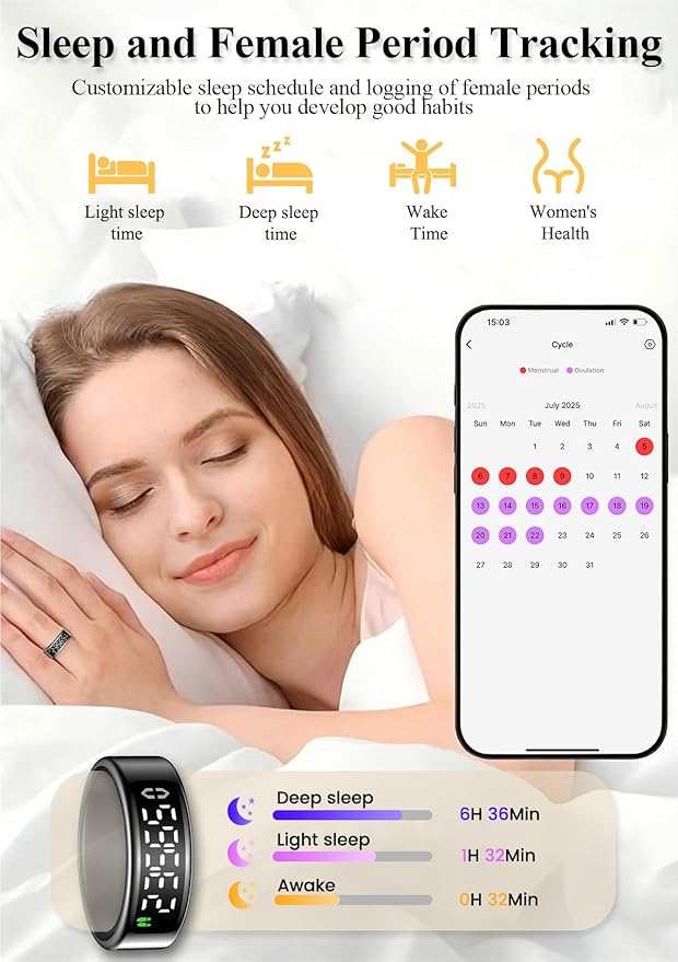 Smart Ring with LED Display，Fitness Tracker Ring, IP68 Waterproof Health Tracker Ring, Blood Oxygen & Heart Rate Monitor, Long Lasting Battery Sleep Ring for Women & Men