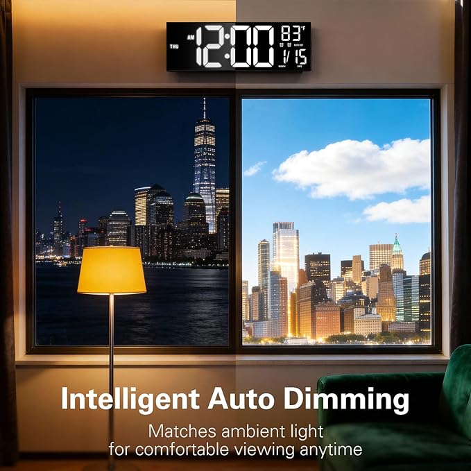 JALL 16.15 inch Large Digital Wall Clock, RGB Lights with Remote Control, Dual Alarms with Big LED Display, Auto DST, C° / F° Temperature for Classroom, Birthday Gift, Senior