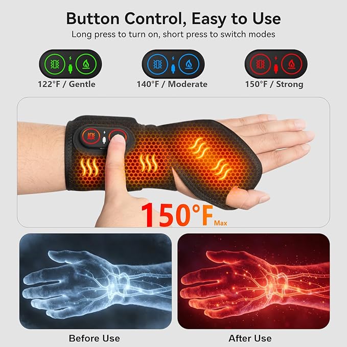Yabuu Cordless Wrist Hand Heating Pad Massage for Carpal Tunnel With 3000mAh Battery,Hand Arthritis,Wrist Pain Relief,Heat Wrap Pad,Vibration and Adjustable Heat Settings Hot Therapy Gifts for Mom/Dad