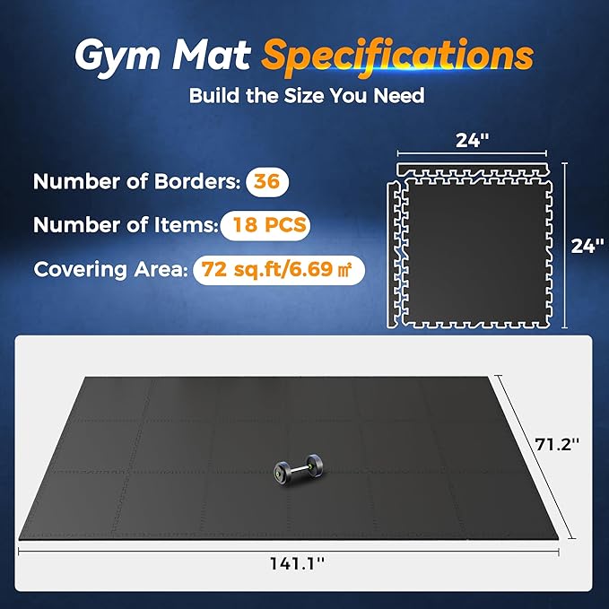 SUPERJARE 1" Extra-Thick Rubber Top Exercise Mat, Puzzle Gym Flooring for Home Gym, Gym Mat for Workout Equipment, Interlocking Floor Tiles with EVA Foam, 18 Pcs 72 Sq Ft, Black