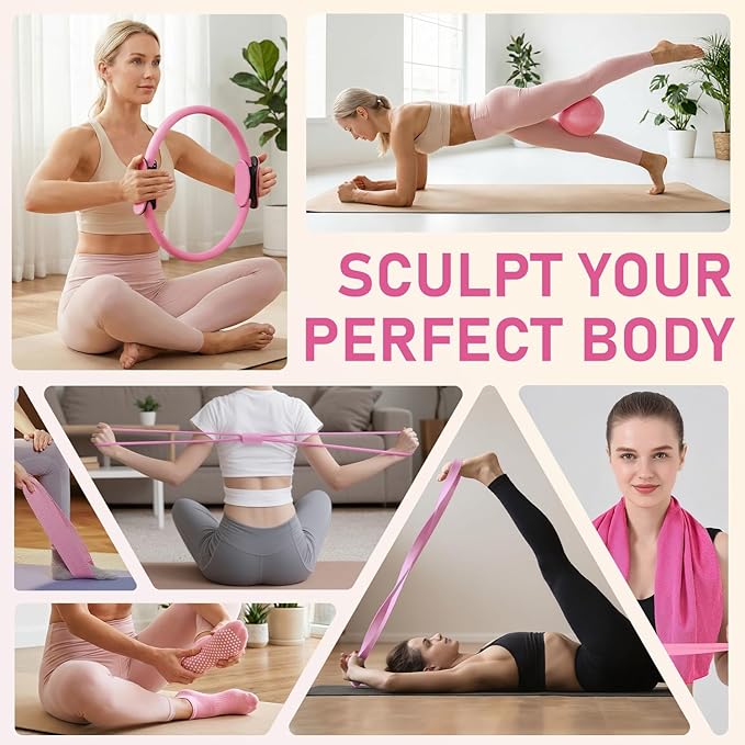 Pilates Kit for Home Workouts, Pilates Essentials Kit for Women, Better Me Pilates Kit,Pilates Equipment with 14.5"Pilates Ring Set,9" Yoga Ball,Cooling Towel,6 Pilates Resistance Bands for Stretching