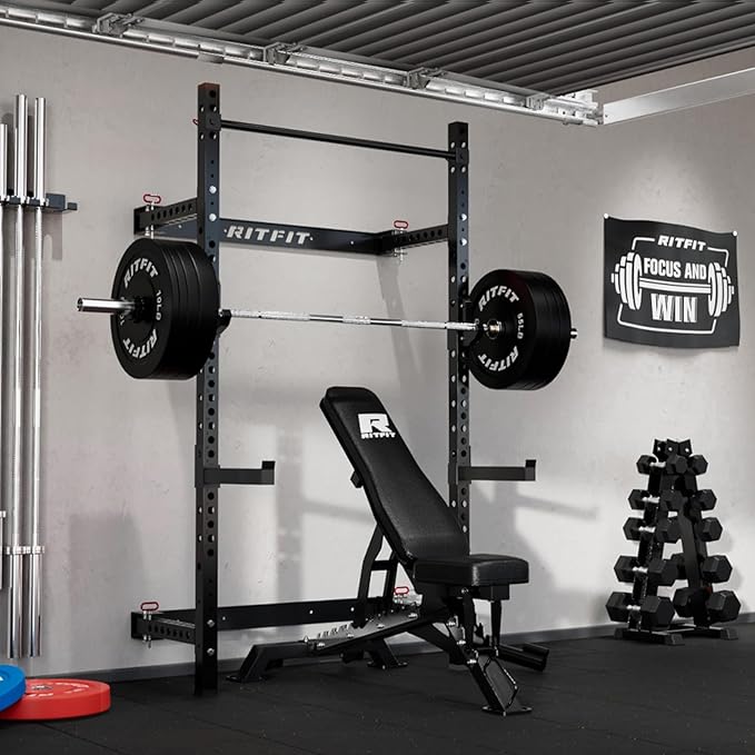RitFit 2.36'' x 2.36'' Folding Squat Rack for Home Gym, Wall Mounted Squat Rack with Attachments - Space Saving Squat Power Rack