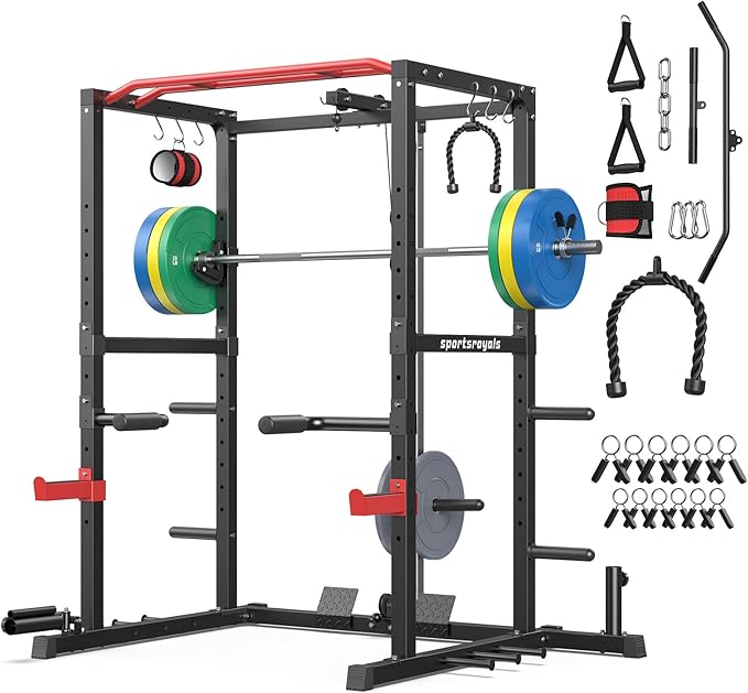 Sportsroyals Squat Rack, LAT Power Cage, Power Rack Multi-Function with Pulley System and Training Attachments for Home Gym
