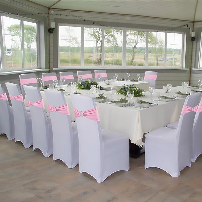 150 Pack Spandex Stretch Chair Sashes Bows, Elastic Stretch Chair Cover Bands Ties with Buckle Slider for Wedding Party Ceremony Reception Event Banquet Decoration (Pink)