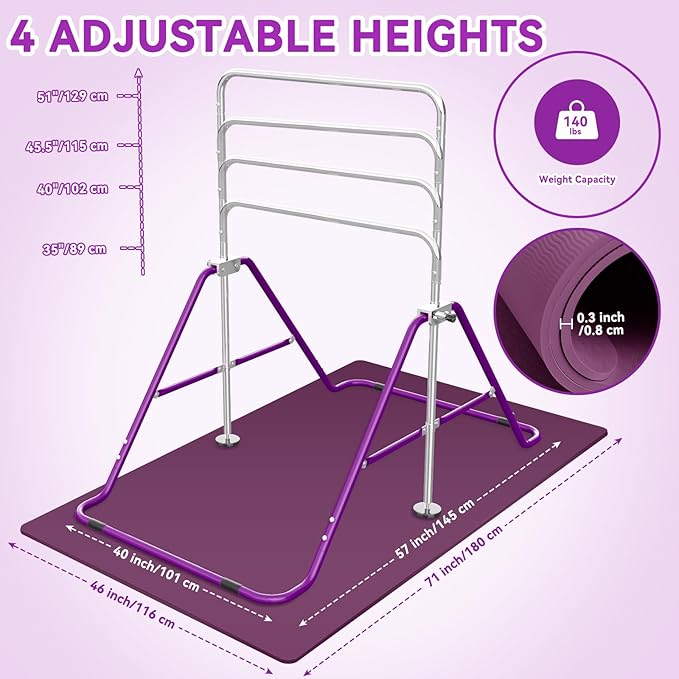 Gymnastics Bar for Kids with Gymnastics Rings, Height Adjustable Gymnastics Horizontal Bar, Foldable Bar Gymnastics Equipment for Home Room Indoor Outdoor Gym Practics, Gymnastic Bar