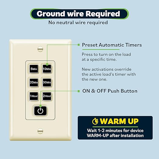 TOPGREENER 2-Hour No Neutral Wire Countdown Timer Switch, 5-10-20-30 Min 1-2 Hour Settings, for Fans and Lights, 120VAC 60Hz, 1/2HP, 150W LED, UL Listed, TGT06-2H-JT-LA, Light Almond
