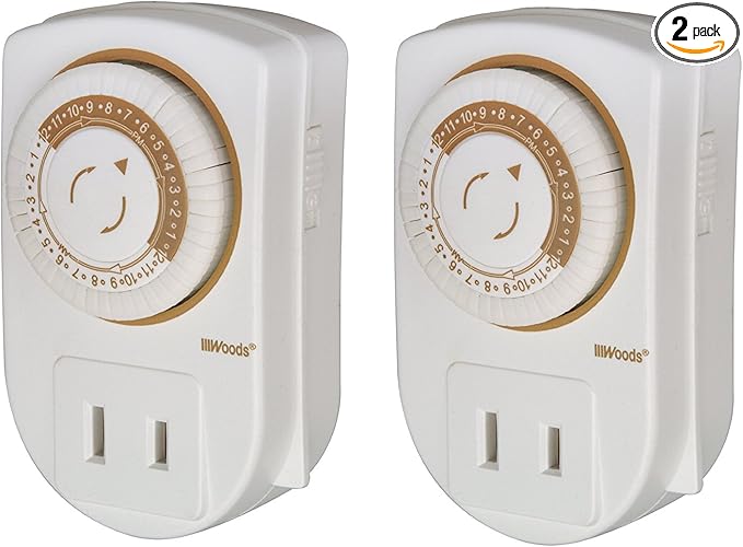 Southwire Woods Indoor 24-Hour Mechanical Outlet Timer - 30 Minute Intervals - 2-Pack - White - Programmable Mechanical Timer for Lamps and Appliances