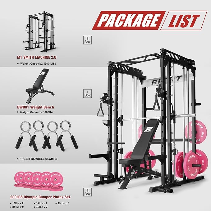RitFit M1 Pro Smith Machine with Cable Crossover System, Multi-Function Squat Rack Power Cage for Home Gym, Power Rack and Packages