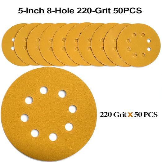 5-Inch 8-Hole Hook and Loop Sanding Discs 220-Grit Random Orbit Sandpaper, 50-Pack