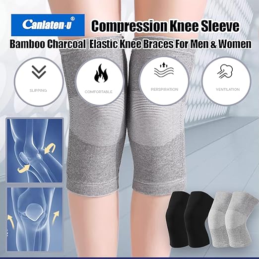 Bamboo Charcoal Compression Knee Sleeve - Elastic Knee Braces Pads Warmers Protective Knee Support for Arthritis and Runners (Gray+Black, Medium)