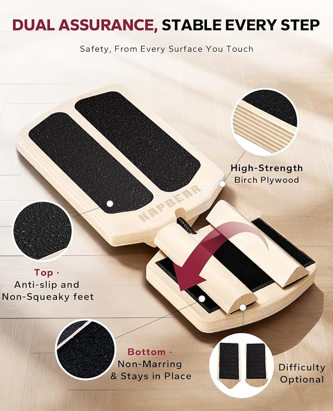HAPBEAR Single Leg Balance Board - Ankle Strengthener & Foot Balance Board for Conditioning & Stability - 80 Configurations w/ Training Guide & Cork Ball - Ankle Board for Home Gym & Office, Natural Wood
