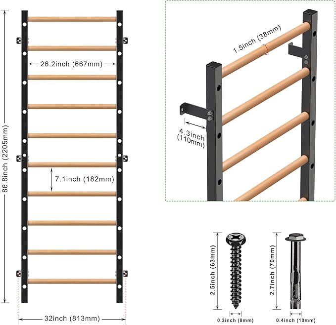 Kipika Gymnastic Stall Bar - 2"x2" Swedish Ladder with 1" Hole, Wall Mounted Pull-up Bar Ladder Suspension Trainer, Solid Wood Grips Gymnastics Training Bar for Home, Wall Gym, School