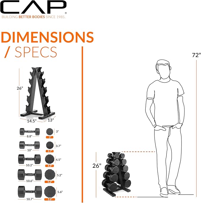 CAP Barbell 150 LB Coated Hex Dumbbell Weight Set with Vertical Rack | Multiple Options