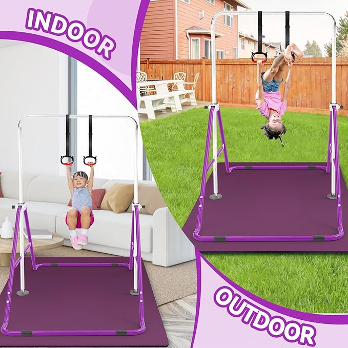 Gymnastics Bar for Kids with Gymnastics Rings, Height Adjustable Gymnastics Horizontal Bar, Foldable Bar Gymnastics Equipment for Home Room Indoor Outdoor Gym Practics, Gymnastic Bar