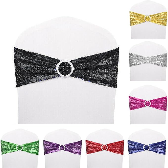 Dimatic 25 PCS Stretch Sequin Chair Sashes Chair Stretchy Spandex Bands for Wedding Reception Events Banquets Chairs Decoration (Black)