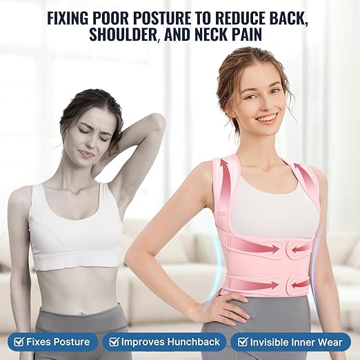 Posture Corrector Upgraded Back Brace for Women and Men, Adjustable Full Back Support, Shoulder Straightener for Hunchback, Scoliosis, Lumbar, Spine, Pink (Medium)