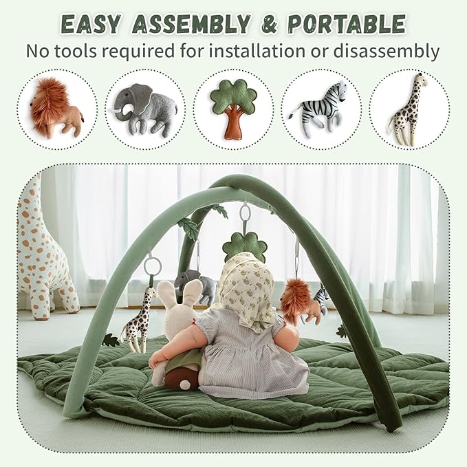 Baby Play Gym with Mat Leaf Shaped, Baby Play Mat with 5 Hanging Toys Tummy Time Mat, Baby Gym Activity Center, Washable (Green)