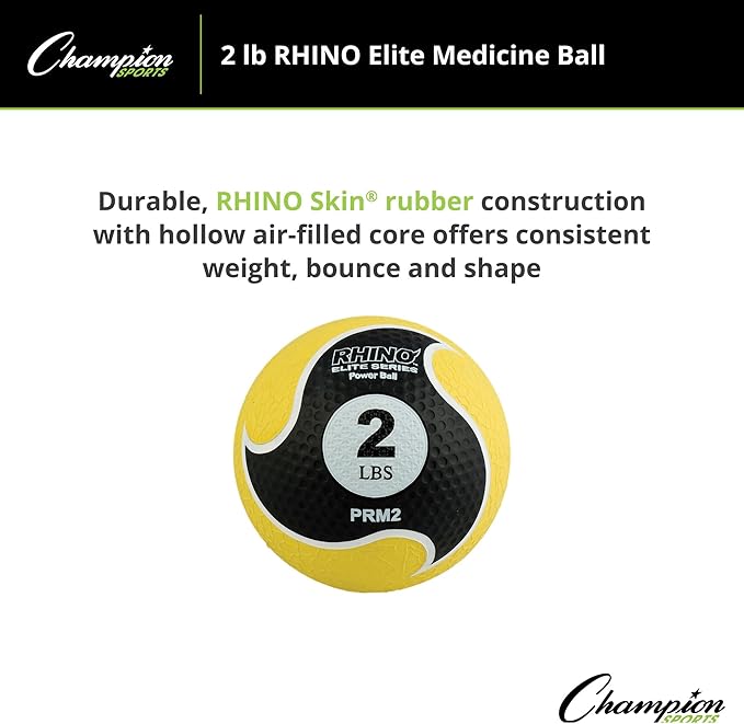Champion Sports Rhino Elite Medicine Ball – Textured Surface, Superior Grip, Hollow Synthetic Rubber for Consistent Bounce & Durability, Multiple Weights & Colors - Optional Rebounder Sold Separately